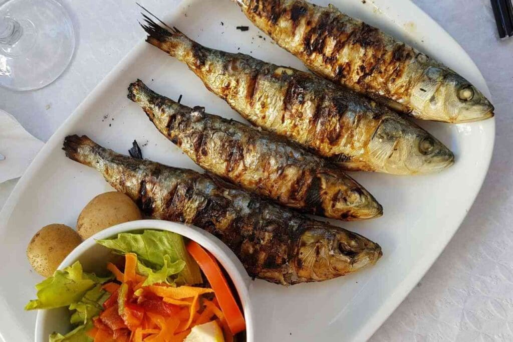 Foto de peixes grelhados com salada de legumes no prato