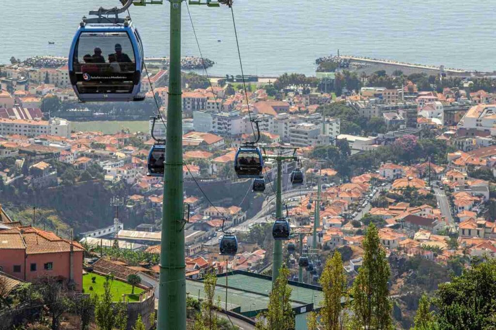 Foto de pessoas andando de teleférico sobre uma cidade
