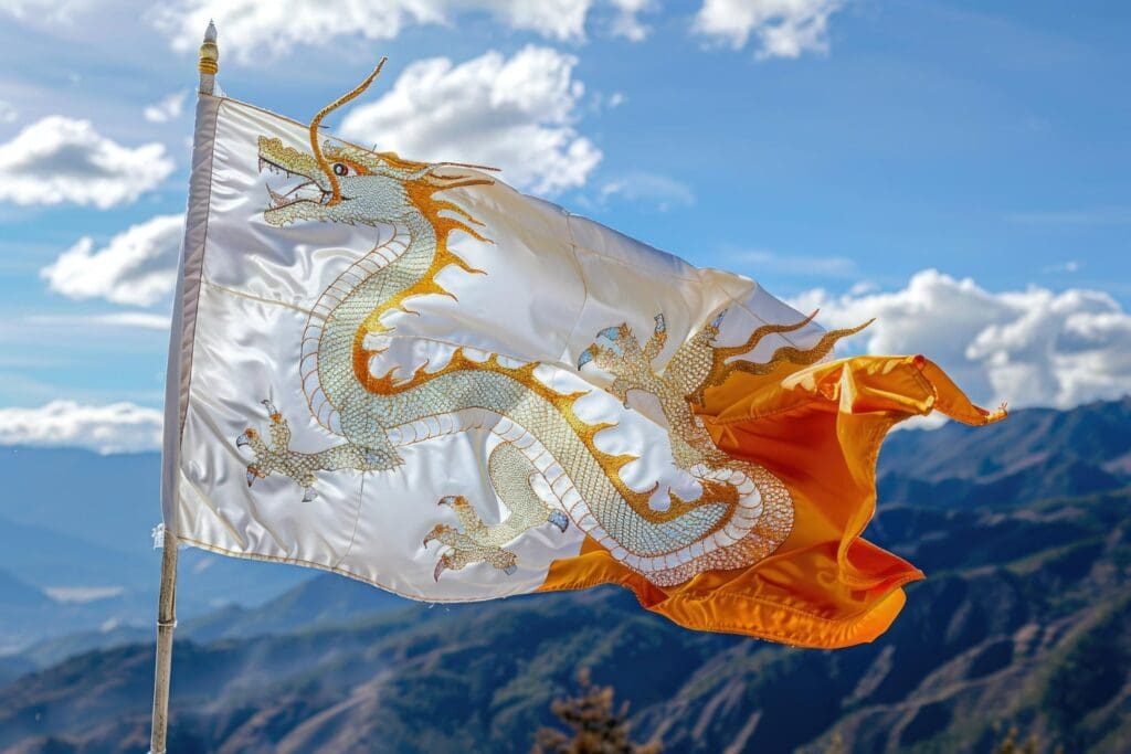 Foto de uma bandeira com um dragão estampado hasteada.