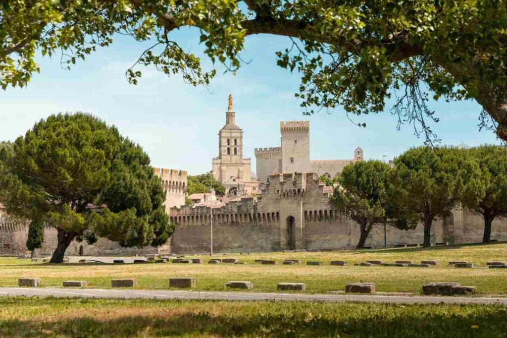 Foto de um palácio cercado por árvores verdes