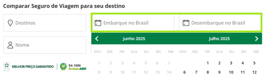 CONTRATAR SEGURO VIAGEM COLOCANDO A DATA DE EMBARQUE NO BUSCADOR DO SEGUROS PROMO