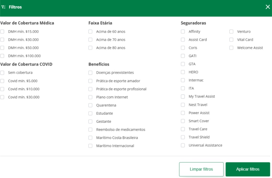 Filtros para seguros de viagem do Seguros Promo